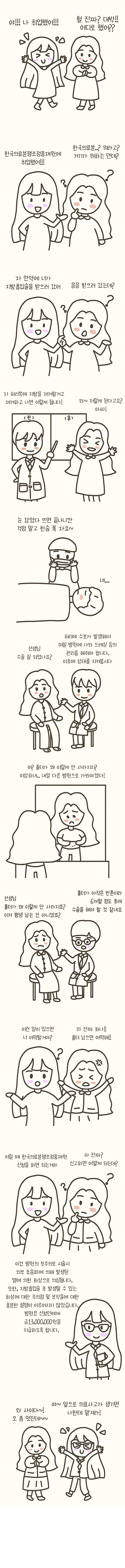 (1컷)
여자1 : 야 !! 나 취업했어!!
여자2 : 헐 진짜? 대박!! 어디로 했어??

(2컷)
여자1 : 한국의료분쟁조정중재원에 취업했어!!
여자2 : 한국의료분? 뭐라고 ? 거기가 뭐하는 덴데?

(3컷)
여자1: 자 만약에 너가 지방흡입술을 받으러 갔어
여자2: 응응 받으러 갔는데?

(4컷)
의사 : 자 허리쪽에 지방을 제거할거고 제거하고 나면 이렇게 됩니다!
여자2 : 와~ 저렇게 된다고요? 아싸!

(5컷)
의사 : 눈 감았다 뜨면 끝나니깐 걱정 말고 한숨 푹 자요~
여자2 : 네

(6컷)
여자2 : 선생님 수술 잘 되었나오?
의사 : 허리에 수포가 발생해서 며칠 병원에 나와 드레싱 등의 관리를 해줘야 합니다. 이후에 상태를 지켜봅시다.

(7컷)
여자2: 어? 흉터가 왜 이렇게 안 사라지지? 이상하네.. 내일 다른 병원으로 가봐야겠다!

(8컷)
여자2 : 선생님 흉터가 왜 이렇게 안 사라지죠? 이거 평생 남는 건 아니겠죠?
다른 병원 의사 : 흉터가 아직은 반흔이라 6개월 정도 후에 수술을 해야 할 것 같네요

(9컷)
여자1 : 이런 일이 있으면 너 어떡할거야?
여자2 : 와 진짜 화나!!! 흉터 남으면 어떡해!!!

(10컷)
여자1 : 이럴 때 한국의료분쟁조정중재원 신청을 하면 되는거야
여자2 : 아 진짜? 신고하면 어떻게 되는데?

(11컷)
여자1 : 이건 병원의 부주의로 시술시 외부 초음파에 의해 발생된 열에 의한 화상으로 의심됩니다. 또한, 지방흡입술 후 발생될 수 있는 화상에 대한 주의점 및 부작용에 대한 충분한 설명이 이루어지지 않았습니다. 병원은 신청인에게 금13,000,000원을 지급하도록 합니다.

(12컷)
여자2: 와 사이다~! 오 좀 멋진데~~
여자1 : 야~ 앞으로 의료사고가 생기면 나한테 맡겨라!