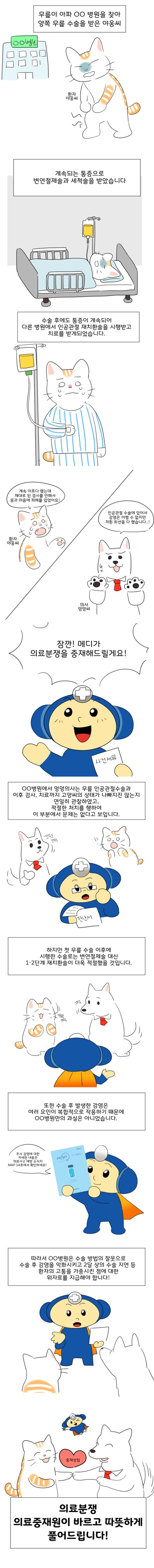 무릎이 아파 oo 병원을 찾아 양쪽 무릎 수술을 받은 야옹씨
계속되는 통증으로 변연절제술과 세척술을 받았습니다.
수술 후에도 통증이 계속되어 다른 병원에서 인공관절 재치환술을 시행받고 치료를 받게 되었습니다.
환자 야옹씨 : 계속 아프다 했는데 제대로 된 검사를 안 해서 몸과 마음에 피해를 입었어요!
의사 멍멍씨 : 인공관절 수술에 있어서 감염은 어쩔 수 없지만 저흰 최선을 다 했습니다!
메디 : 잠깐! 메디가 의료분쟁을 중재해드릴게요!
메디 : oo 병원에서 멍멍의사는 무릎 인공관절수술과 이후 검사, 치료까지 고양씨의 상태가 나빠지진 않는지 면밀히 관찰하였고, 적절한 처치를 행하여 이 부분에서 문제는 없다고 모입니다. 하지만 첫 무릎 수술 이후에 시행한 수술로는 변연절제술 대신 1, 2단계 재치환술이 더욱 적절했을 것입니다. 또한 수술 후 발생한 감염은 여러 요인이 복합적으로 작용하기 때문에 oo 병원만의 과실은 아니었습니다. (주사 감염에 대한 자세한 내용은 의료사고 예방 소식지 MAP 14호에서 확인하세요!) 따라서 oo 병원은 수술 방법의 잘못으로 수술 후 감염을 악화시키고 2달 상의 수술 지연 등 환자의 고통을 가중시킨 점에 대한 위자료를 지급해야 합니다!
의료분쟁 의료중재원이 바르고 따뜻하게 풀어드립니다!