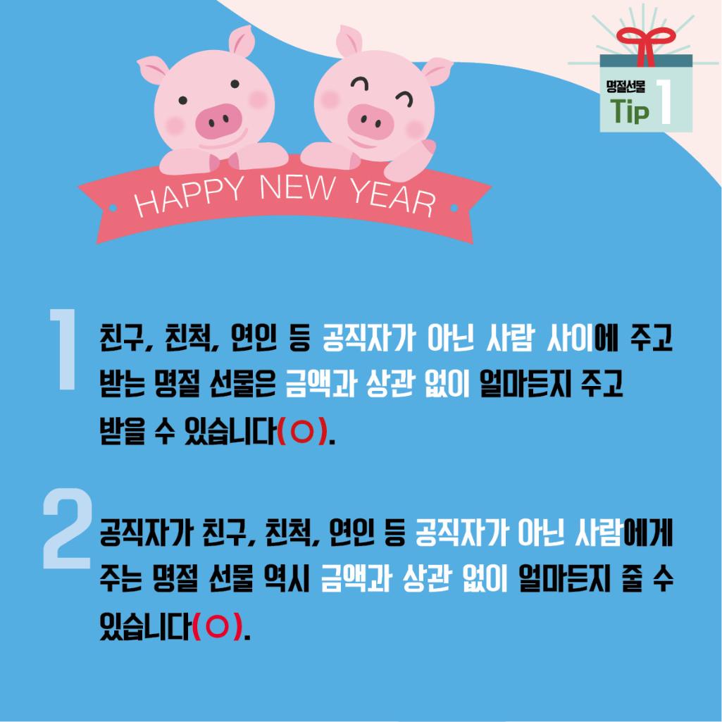명절선물 Tip 1
HAPPY NEW YEAR
1. 친구, 친척, 연인 등 공직자가 아닌 사람 사이에 주고 받는 명절 선물은 금액과 상관 없이 얼마든지 주고 받을 수 있습니다(o).
2 공직자가 친구, 친척, 연인 등 공직자가 아닌 사람에게 주는 명절 선물 역시 금액과 상관 없이 얼마든지 줄 수 있습니다(o).