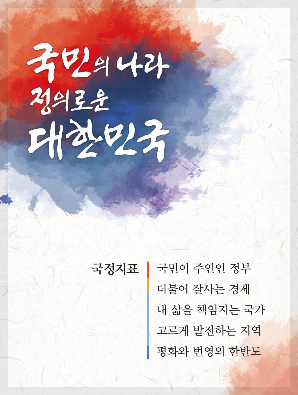 국민의 나라 정의로운 대한민국  국정지표 - 국민이 주인인 정부 더불어 잘사는 경제 내 삶을 책임지는 국가 고르게 발전하는 지역 평화와 번영의 한반도